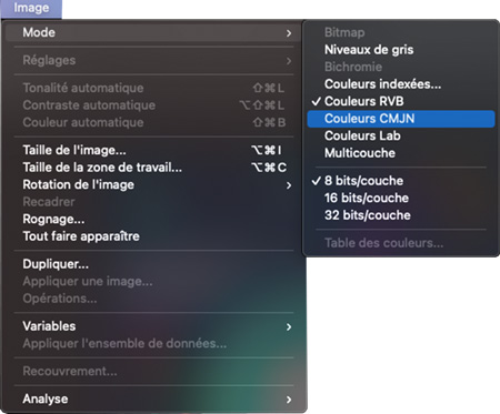 Illustration de la conversion d'images du mode RVB (Rouge, Vert, Bleu) au mode CMJN (Cyan, Magenta, Jaune, Noir). Le mode CMJN est utilisé pour l'impression professionnelle afin d'assurer des couleurs précises et fidèles au rendu final, tandis que le RVB est destiné aux écrans.