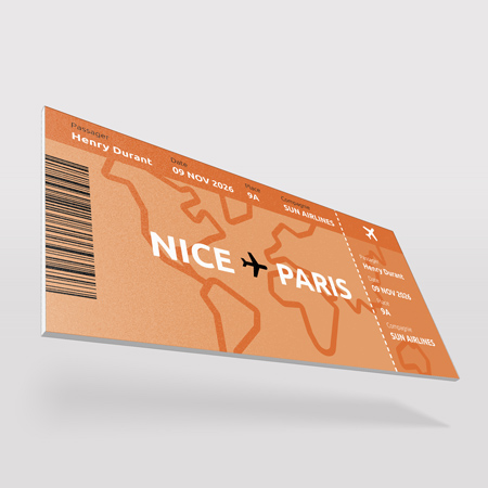 Créez un faux billet d’avion personnalisé pour annoncer un voyage, offrir une surprise ou marquer une date spéciale. Un design réaliste et original qui fait toujours son effet. Impression billet d'avion personnalisé